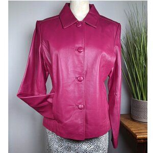 Chadwick's Leather Jacket Pink Magenta Buttons Pockets Lined Size 12 NWOT